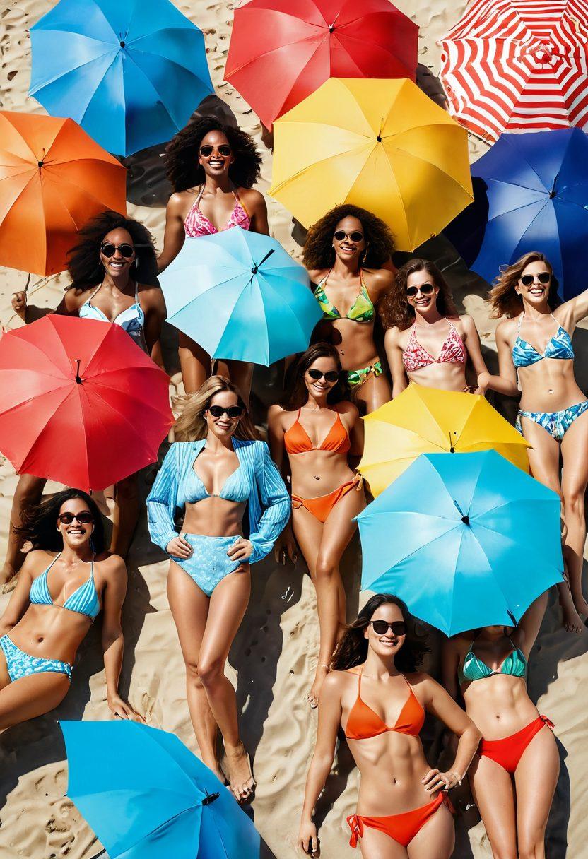 A vibrant beach scene showcasing a diverse group of stylish women wearing the latest bikini styles and swimwear trends. Include colorful umbrellas, sandy beach, and a clear blue ocean in the background to evoke a feeling of summer fun. Emphasize the different designs and patterns of the swimwear, while capturing joyful expressions and movement. Bright sun and splashes of water enhance the lively atmosphere. super-realistic. vibrant colors. 3D.